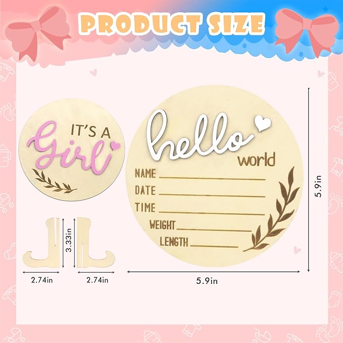 Birth Announcement Sign, Gender Reveal 2PCS Its a Girl and Hello World Baby Welcome Sign Wooden Name Newborn Announcement Board for Baby Shower Photo Props Hospital Nursery