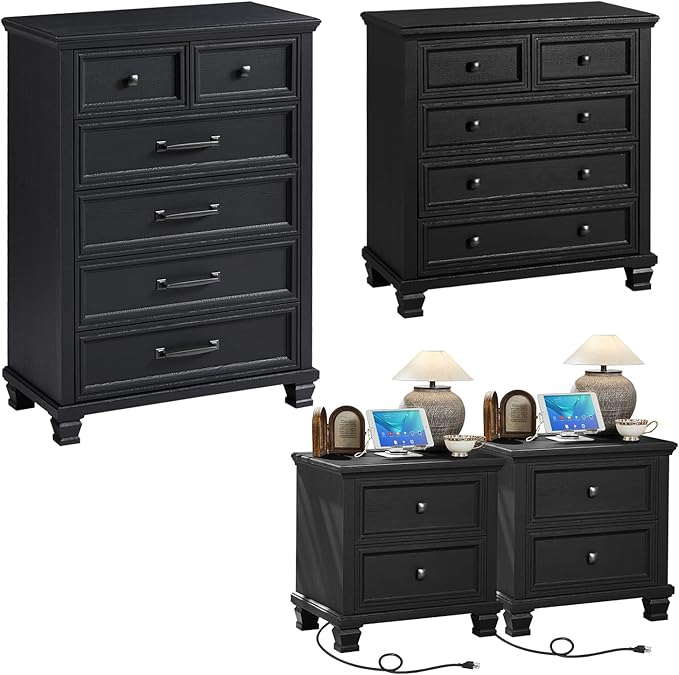 Farmhouse Bedroom Dresser and Nightstand Set of 4, 6 Drawer Tall & 5 Drawers Dresser & 2 Drawer Nightstand Set, Rustic Wood Furniture Set for Bedroom, Hallway, Black