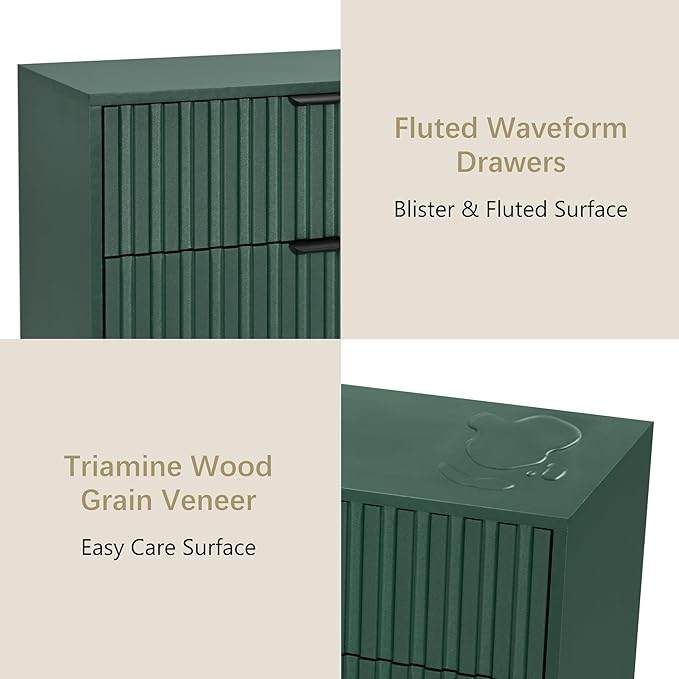Fluted Dresser for Bedroom with 4 Drawers, 24'' Wide Modern Dresser with Metal Handle, Wood Dressers Organizer with Blister Drawers for Bedroom, Green