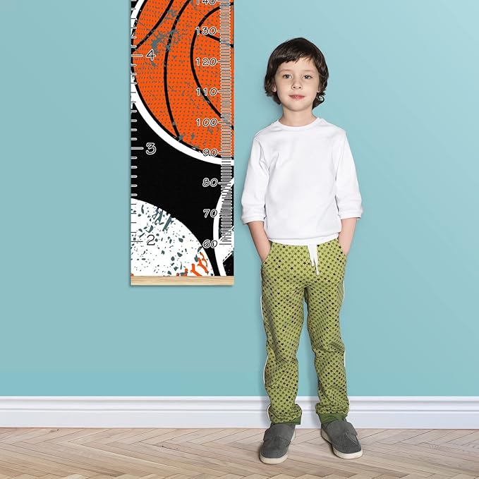 Personalized Kids Name Growth Chart Ruler for Wall Wood Frame Height Measure Chart 13.4x56 in Linen Hanging Height Growth Chart Balls Kids Room Decor