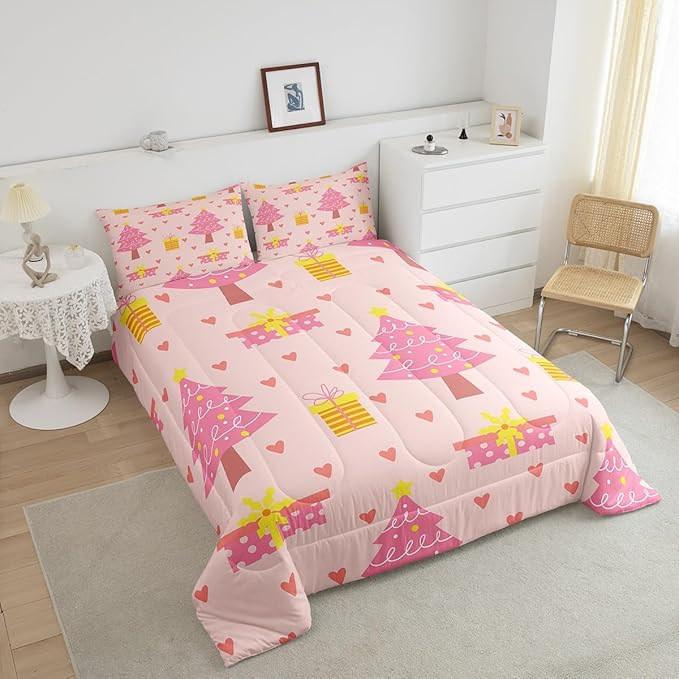 Erosebridal Merry Xmas Quilts King Size Pink Christmas Tree Comforter Set Reversible Cartoon Style Bedding Set Happy New Year Duvet Insert for Boys Kids Bedroom Decor with 2 Pillow Cases