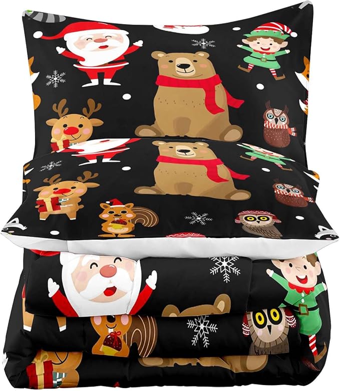 LUVIVIHOME 3PCS Merry Christmas Comforter Set King Size, Boys Girls Kids Bedding, Black Quilt, Funny Cute Cartoon Santa Claus Elf Owl Elk Reindeer Squirrel Xmas Christmas Bedroom Decor, 2 Pillow Shams