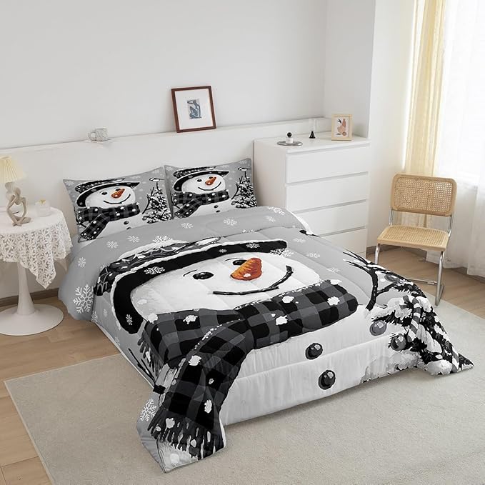 Feelyou Kids Christmas Theme Decorations Bedding Set Xmas Snowman Comforter Set for Boys Girls Snowflake Kawaii Cute Comforter Grey Quilt Set Bedroom Collection Toddler Size