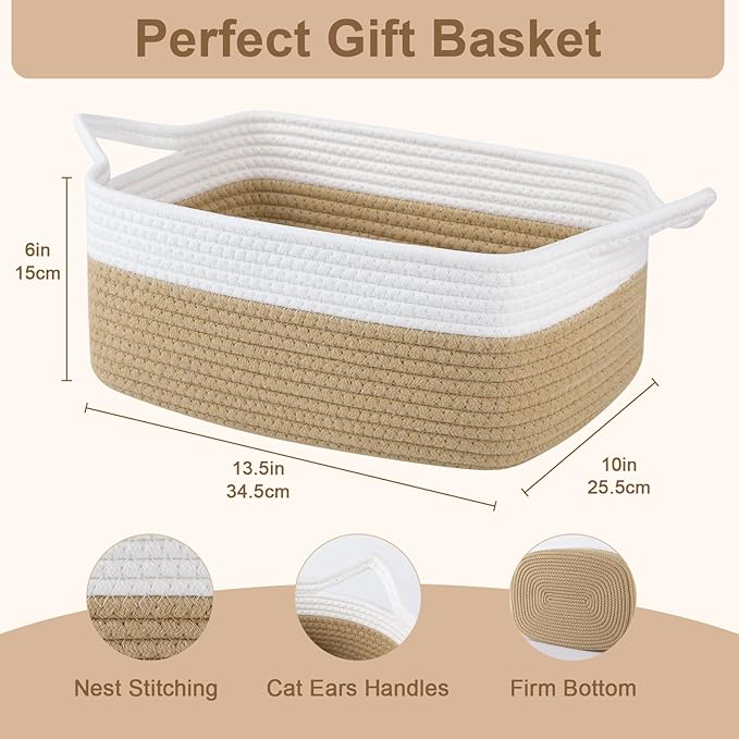 OIAHOMY Small Woven Rope Basket with Gift Bags and Ribbons, Gift basket Empty for Baby shower Birthday, Halloween, Christmas, Cute Cat Ear Handles for Shelf Living Room Bathroom, Grey & White