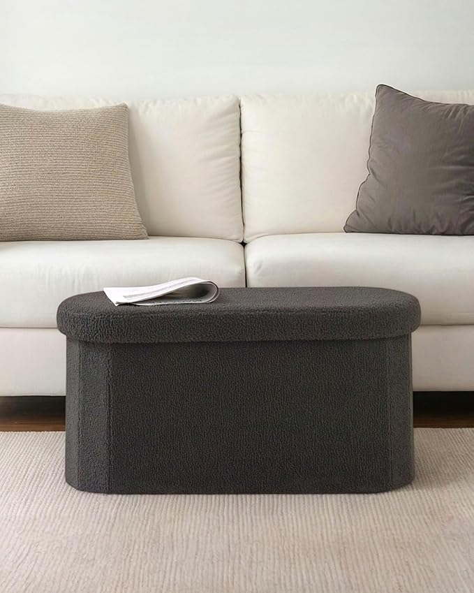 30" Oval Foldable Ottoman with Storage, Teddy Boucle Fabric Footrest, Storage Bench for Living Room, Bedroom, Entryway, Dorm, Darkgrey