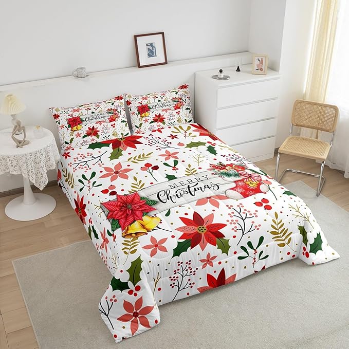 Castle Fairy Merry Christmas Full Size Comforter Set,Red Xmas Flowers Berry Leaves Plant Bedding Comforters Bedroom Collection,Floral Themed Bell Socks Print Bedding Set for Girls Teens