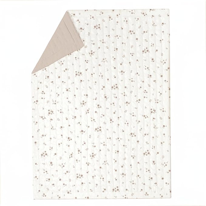 MakeMake Organics Organic Baby Comforter GOTS Certified Organic Kids Blanket Cotton Infill Tufted - Reversible Ultra Soft Breathable Boys Girls (30"x40", Bloom + Solid Pecan)