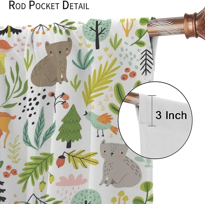 Cartoon Forest Kids Blackout Curtains,Cute Woodland Wild Animals Colorful Deer Plants Trees Print Pattern Thermal Insulation Window Drapes for Nursery Boys Girls Bedroom,White Background 72x63in