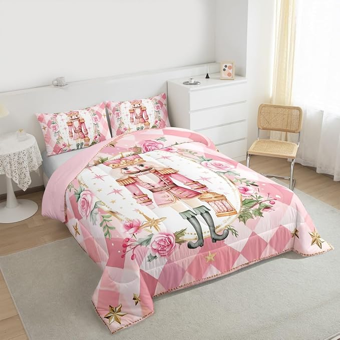Feelyou Christmas Comforter Set King Size Pink Nutcrackers Bedding Set for Kids Boys Girls Floral Duvet Quilt Funny Nutcracker Bedroom Decor Rose Microfiber 3 Pcs with 2 Pillow Cases