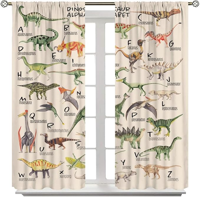Dinosaur Curtains Cartoon Dino ABC Alphabet Pattern Educational Learning Theme Curtain with Rod Pocket for Kids Nursery Playroom Bedroom Drapes Window Treatments 2 Panels Set 42" W X 45" L