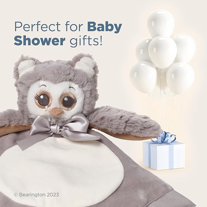 Bearington Lil' Owlie Owl Lovey Baby Security Blanket - 15" Gray Plush Stuffed Animal Blanket with Satin Trim - Soft Owl Lovey for Baby Girl and Boy - Snuggly Girl Gift for Infants and Newborns