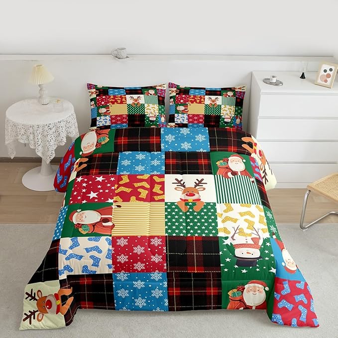 Feelyou Patchwork Christmas Bedding Set Soft for Boys Girls, Santa Claus Reindeer Comforter Set Full Size Snowman Duvet Quilt Microfiber Snowflake Bedroom Decor 3 Pcs with 2 Pillow Cases