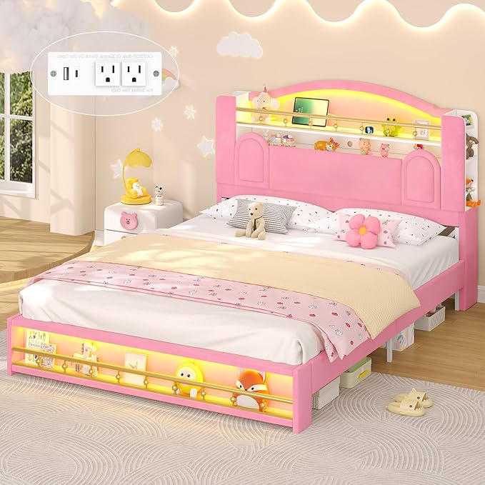 Queen Bed Frame with Storage Headboard, Platform Bed Frame Queen Size with Charging Station&LED Lights,Velvet Princess Bed for Girls/Kids, No Box Spring Needed/Noise-Free/Easy Assembly,Pink