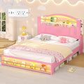 Full Size Bed Frame with Storage Headboard, Platform Bed Frame Full with LED Lights and Charging Station, Velvet Princess Bed for Girls/Kids, No Box Spring Needed/Noise-Free/Easy Assembly,Pink