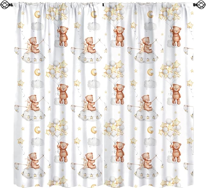 Cartoon Bear Curtains, Cute Lovely Bear Star Cloud Ballon Pastel Blackout Window Treatments, Rod Pocket Thermal Insulated Drapes 2 Panel Sets for Kids Bedroom Nursery Classroom, 63" W X 72" L