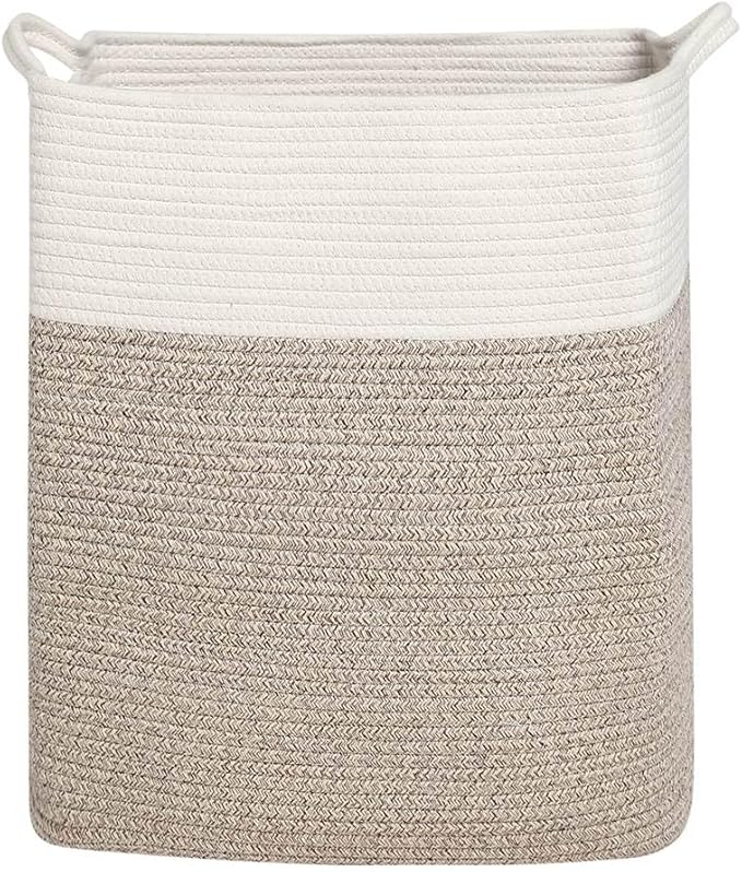 Tall Laundry Basket With Handles,Woven Cotton Rope Big Laundry Hamper Sorters,Versatile Storage for Dirty Clothes,Baby Toys,and Blankets in Bathroom, Nursery,and Living Room (White Brown, 50L)