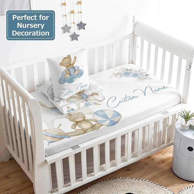 Personalized Baby Crib Bedding Set,3 Piece Custom Name Nursery Set with Blanket, Fitted Sheet & Pillowcase for Baby Girls & Boys,Nursery Friends Theme(Fixed Size)