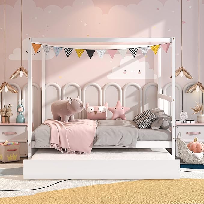 KOMFOTT Full Bed with Trundle, Solid Wood Canopy Bed Frame with Headboard, Modern Space Saving Full Bed with Twin Trundle Bed, No Box Spring Needed, Canopy Bed Frame