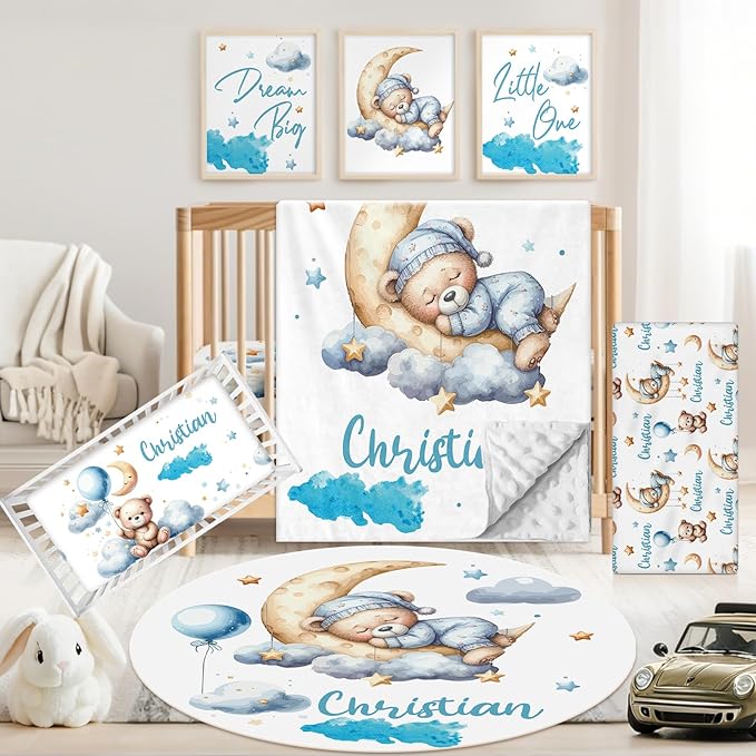Personalized Baby Crib Bedding Set, 5 Pcs Custom Name Nursery Bedding Set for Girls Boys, Blue Moon Bear Baby Crib Set for Toddlers Infants, Double Layer Bedding Crib Sets Customized Gifts