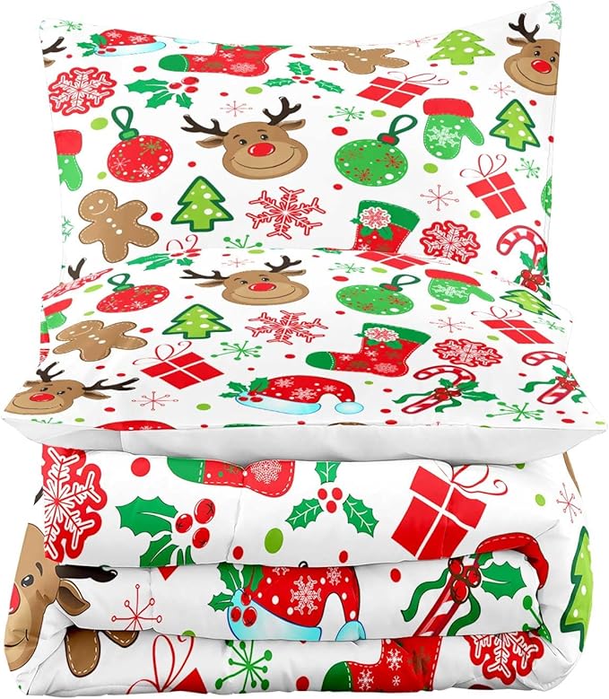LUVIVIHOME 3PCS Christmas Comforter Set King Size, Boys Girls Kids Bedding, Cute Reindeer Snowflake Gingerbread Candy Cane Snowflake Holiday Christmas Bedding, Green Red White Quilt, 2 Pillow Shams