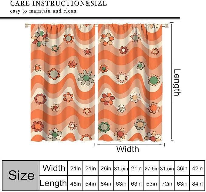 70s Boho Retro Curtains for Bedroom,Groovy Vintage Floral Rainbow Window Treatments Drapes for Kids Girls Window 52"" W X 84"" L, Style-6
