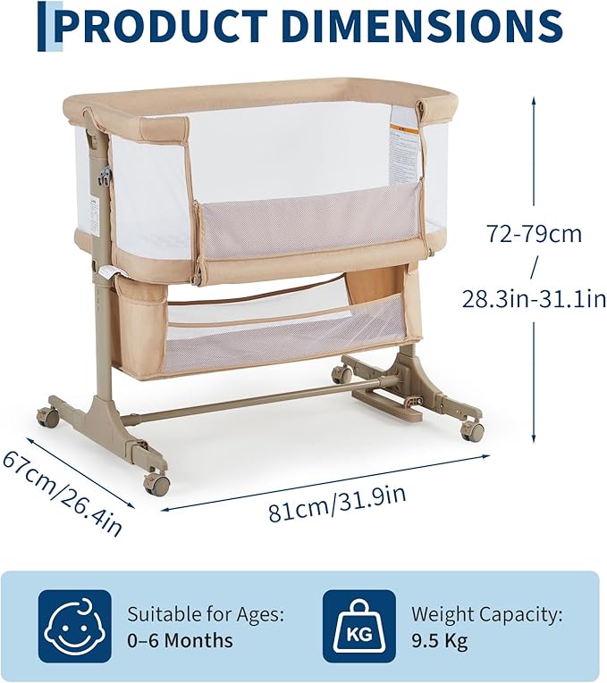 Bedside Bassinet Baby Bassinet, 3 in 1 Bedside Sleeper with Baby Co-Sleeper Travel Crib with Detachable Mosquito Net & Storage Basket | Adjustable Height, Wheels Included