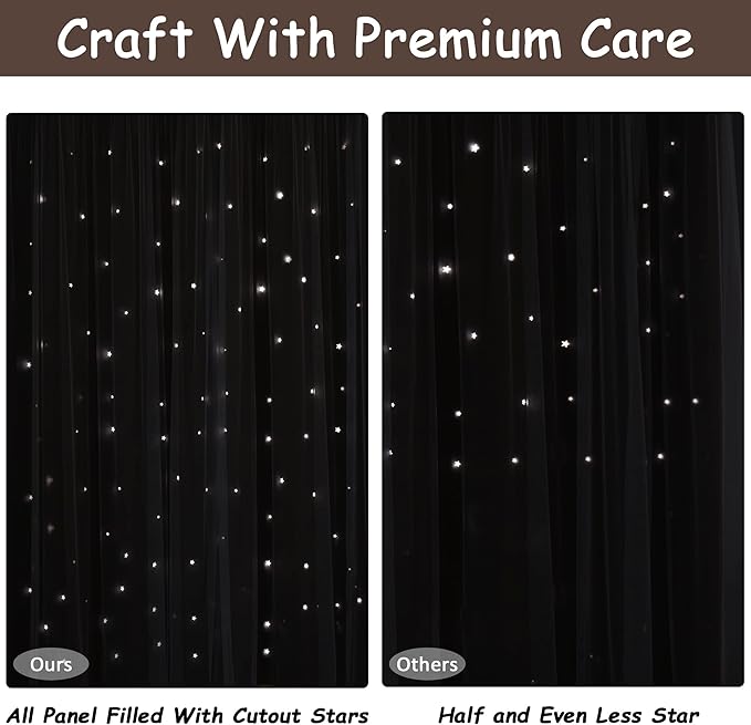Kinryb Kids Blackout Curtains for Bedroom/Living Room/Classroom, Sheer Overlay Small 2 Panel Set, Double Layer Curtains with Star Cutout for Kids Room(W 52 x L 36 Inches,Chocolate 2 Pcs)