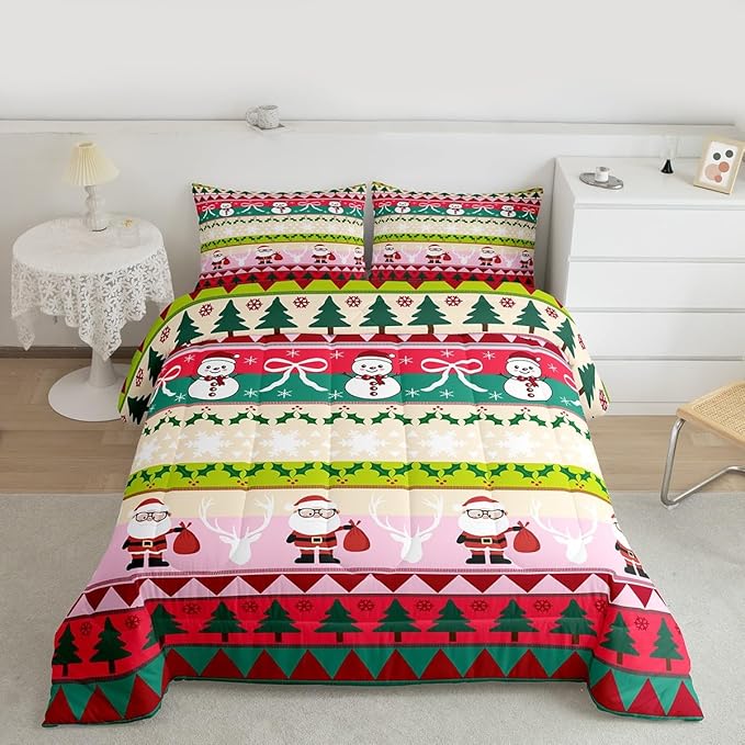 Feelyou Merry Christmas Tree Bedding Set Soft for Boys Girls, Cute Snowman Comforter Set Toddler Size Santa Claus Duvet Quilt Microfiber Cartoon Bowknot Bedroom Decor 2 Pcs with 1 Pillow Cases