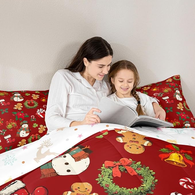 jejeloiu Merry Christmas Comforter Set Twin Size Cute Snowman Bedding Set for Kids Boys Girls Gingerbread Man Duvet Quilt Red Bedroom Decor