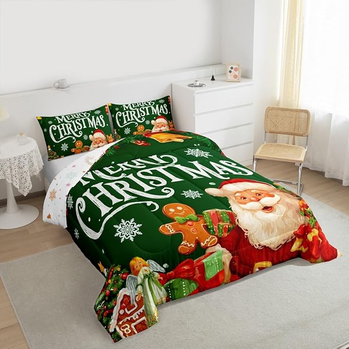 Feelyou Green Christmas Comforter Set All Season Santa Claus Bedding Set with 2 Pillow Cases Gingerbread Microfiber Kids Full Bedclothes Bedroom Decor Duvet Quilt Breathable Soft