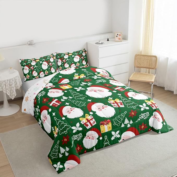jejeloiu Santa Claus Comforter Set King Size Merry Christmas Bedding Set for Kids Boys Girls Xmas Themed Duvet Quilt Green Bedroom Decor