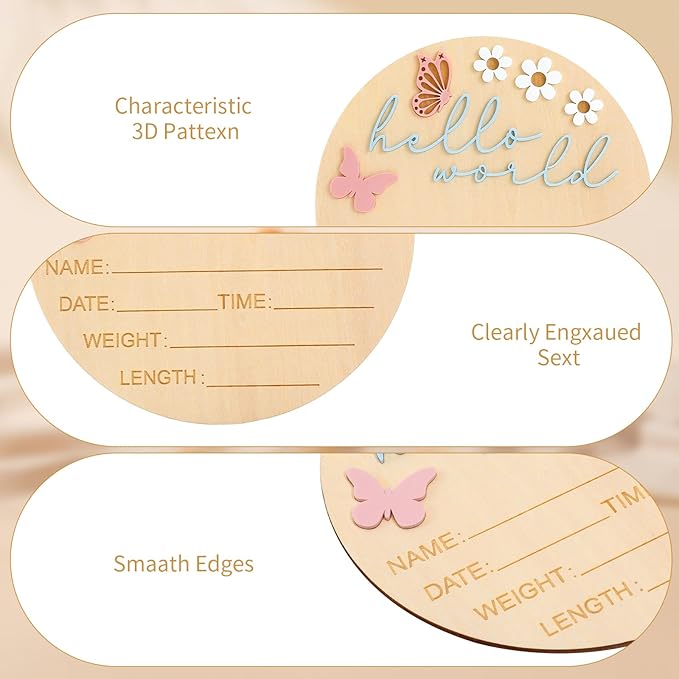 5.9 Inch Wooden Hello World Baby Announcement Sign, Newborn Welcome Board with Pink Butterfly, Baby Shower Hospital Nursery Photo Props for Boys & Girls