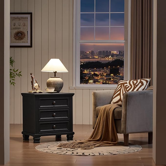 Farmhouse Bedroom Dresser and Nightstand Set of 4, 6 Drawer Tall & 5 Drawers Dresser & 3 Drawer Nightstand Set with Wooden Legs, Rustic Wood Furniture for Bedroom, Hallway, Black