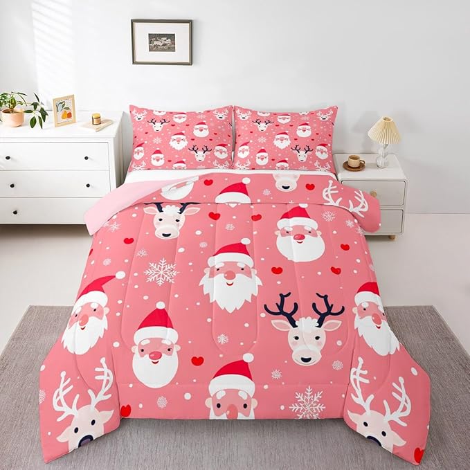 Feelyou Christmas Comforter Set All Season Santa Deer Bedding Set with 2 Pillow Cases Snowflake Microfiber Kids Full Bedclothes Bedroom Decor Duvet Quilt Breathable Soft Lightweight