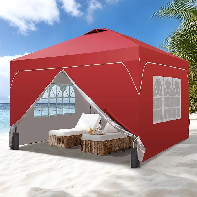 GDY 12x12FT Pop Up Canopy Tent with One Push Setup, Easy to Install with 4-Sidewalls for Events, Parties, Camping, Outdoor Gazebo with 4-Sandbags, Red.