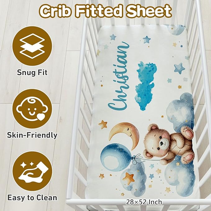 Custom Name Crib Bedding Set, 3 Pcs Personalized Baby Crib Bedding Set, Soft Blue Moon Bear Nursery Crib Sets for Boys Girls, Double Layer Toddler Bedding Set Customized Gifts for Newborn Kids