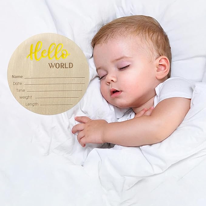 Baby Announcement Sign, 5.9 Inch Wooden Hello World Newborn Signs, Birth Announcement Sign, Baby Shower Hospital Nursery for Newborn Boys and Girls… (Yellow)