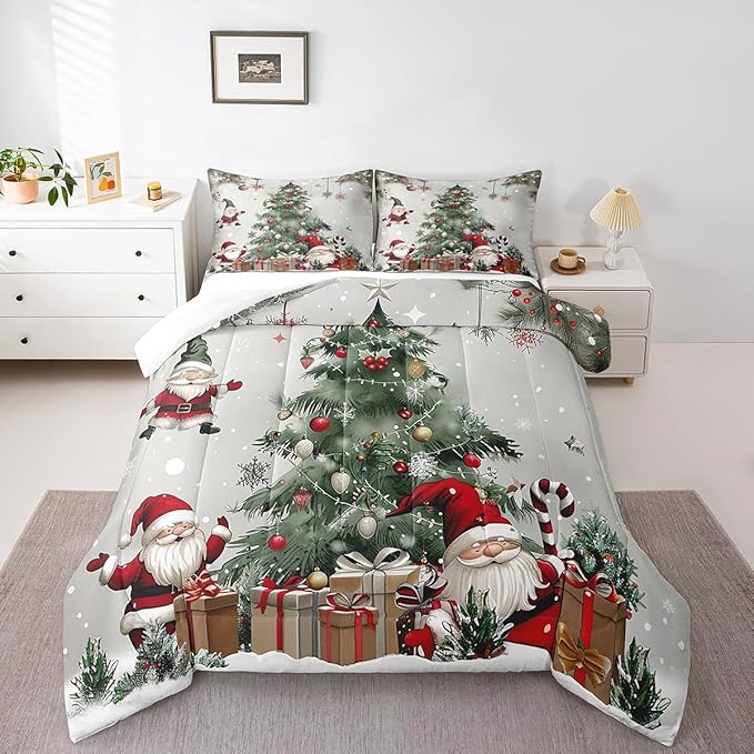 Merry Christmas Comforter Set King Size,Christmas Tree Snowflake Duvet Insert for Kids Boys Girls Room Decor,Santa Claus X'mas Theme Bedding Set 3Pcs,Star Polka Dot Glitter Quilt Set,2 Pillowcases