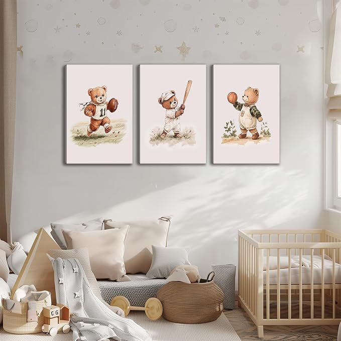 3Pcs Nursery Bear Canvas Wall Art Nursery Animal Poster Prints Teddy Bear Painting Boy Sports Picture Football Basketball Kids Room Artwork Wall Decor for Children Bedroom Playroom 12x16in Framed