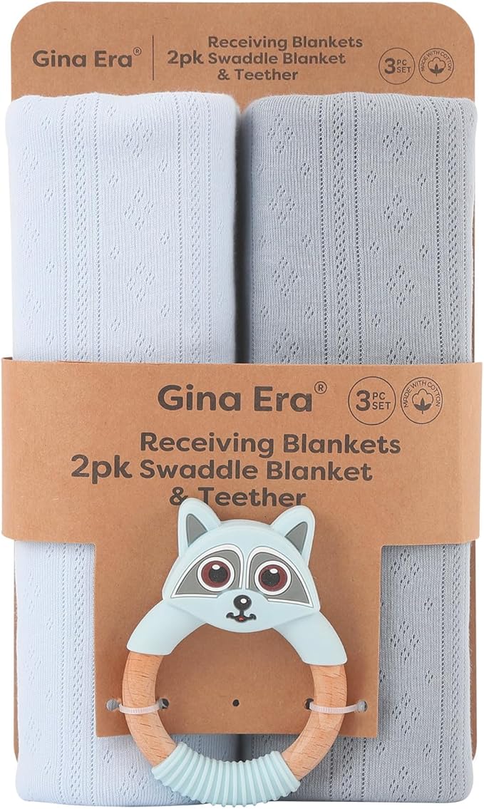 Gina Era Knit Baby Receiving Blankets, Soft Lightweight Cozy Swadde Blanket for Newborns, Unisex Baby Blanket, 2 Pack 30 X 40 Inch for Boy (Blue)