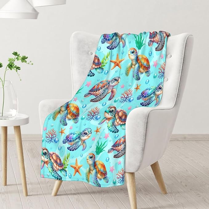 Turtle Stuff for Girls - 30" x 40" Inches Sea Turtle Throw Blanket for Kids - Green Warm Lightweight Blankets for Sofa, Lap & Office