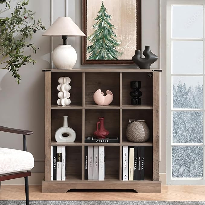 9 Cube Storage Organizer, Wood Cube Bookshelf with LED Lights, Horizontal Storage Cubes, Kids Bookshelf, Display Cabinet Cubby Shelf for Living Room Home Office Bedroom, Grey