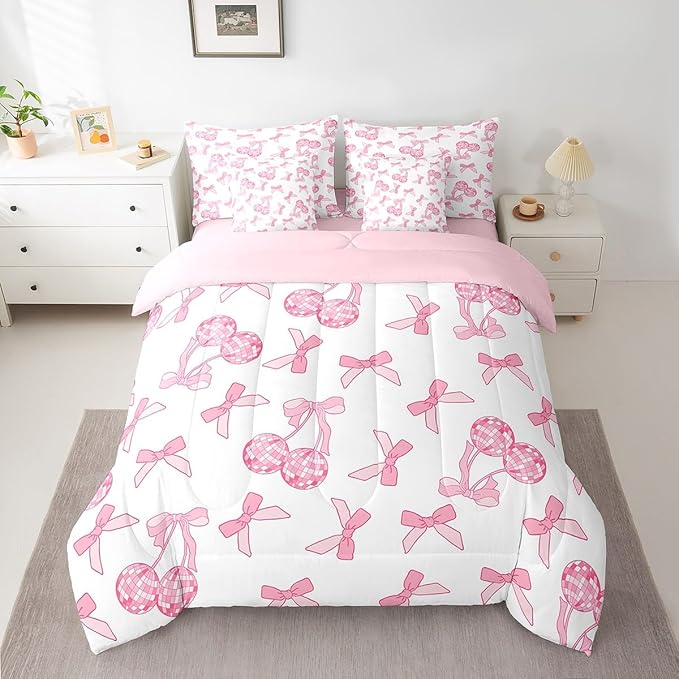 7 Pieces Cartoon Bowknot Kids Comforter Set Queen,Western Cowgirl Disco Ball Retro Bedding Set,Bow Tie Cute Princess Pink Romantic（Comforter+Fitted+Flat Sheet+2 Pillowcases+2 Throw Pillow Covers）