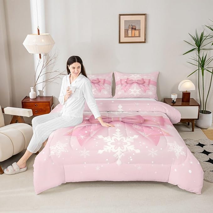 Feelyou Pink Bow Comforter Set All Season Coquette Bow Knot Bedding Set with 2 Pillow Cases Xmas Snowflake Kids King Bedclothes Cute Dreamy Princess Style Decor Christmas Duvet Quilt Soft Lightweight