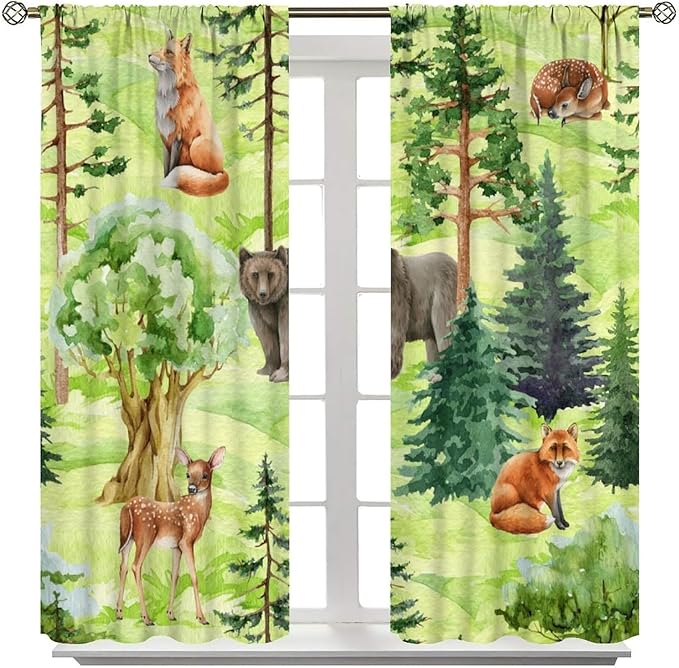 Woodland Animal Curtains, Watercolor Jungle Animals Fox Bear Pattern Blackout Window Treatments, Rod Pocket Thermal Insulated Drapes 2 Panel Sets for Kids Bedroom Nursery Classroom, 84" W X 84" L