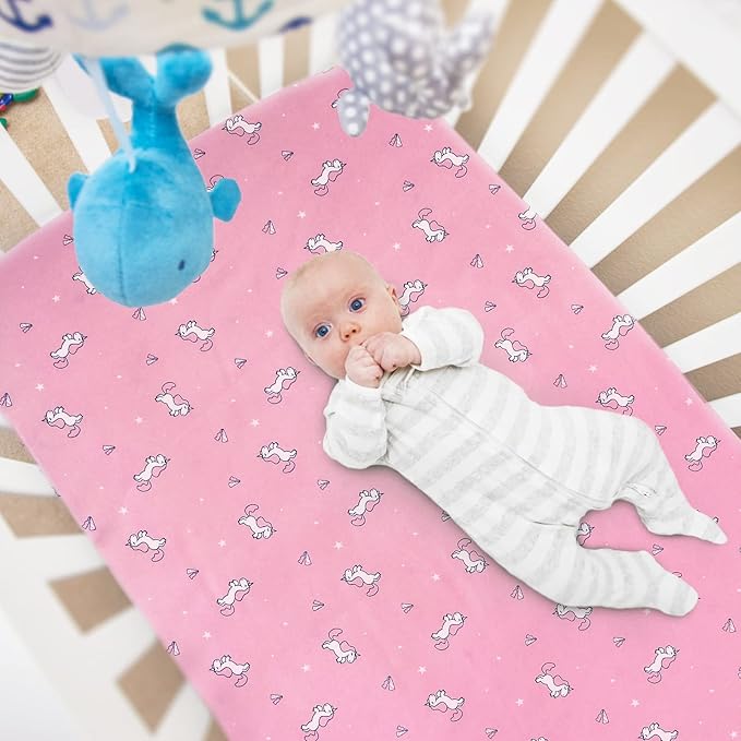 Mini Crib Sheets Set for Girls, 4 Pack, Mini Portable Crib Sheets for Girs (38" X 24") | Multiuse for Pack n Play, Playard, Playpen, Mini Crib, Pink Print