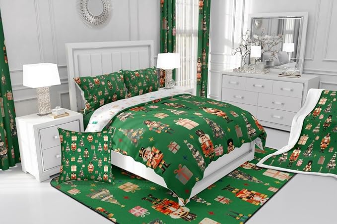jejeloiu Xmas Nutcracker Comforter Set King Size Christmas Green Bedding Set for Kids Boys Girls Cute Snowflakes Duvet Quilt Bedroom Decor