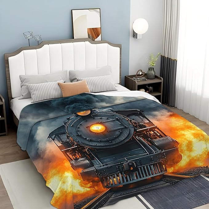 Tijuboni Steam Train Throw Blanket Locomotive Gifts for Boys Girls Men Women Kids Adults Soft Flannel Fleece Blanket for Couch Sofa Bed Home Decor 60"x80"