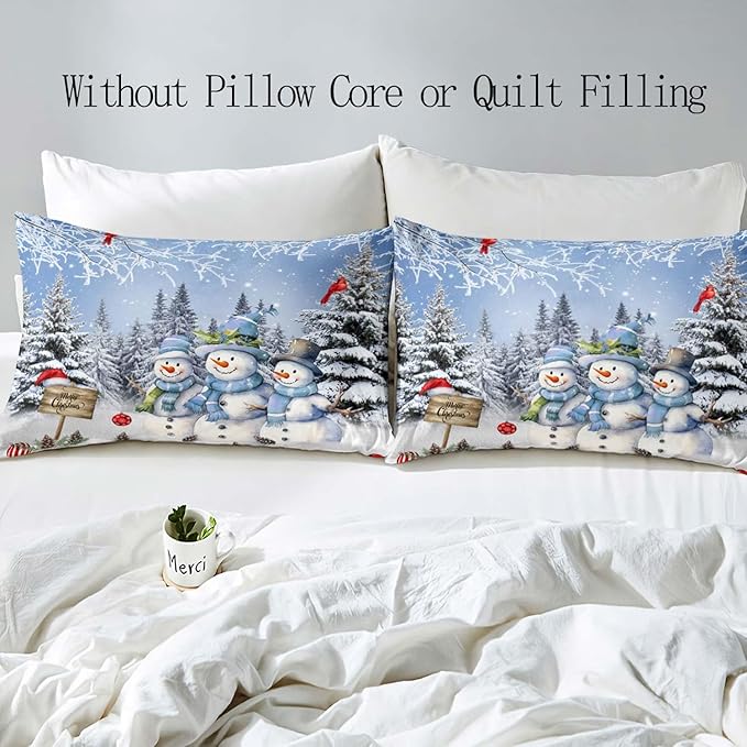 LUVIVIHOME 2PCS Snowman Duvet Cover Twin Bedding Sets, Boys Girls Kids Bedding, Red Cardinal Bird Santa Hat Xmas Balls Christmas Tree Winter Holiday Light Blue Christmas Comforter Cover, 1 Pillow Case