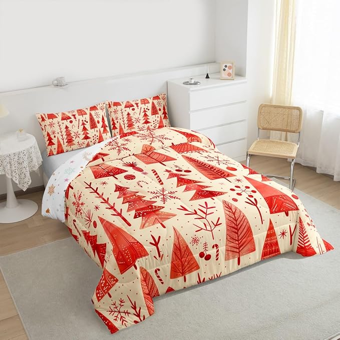 Feelyou Christmas Bedding Set Soft for Boys Girls, Xmas Tree Comforter Set Queen Size Snowflake Candy Duvet Quilt Microfiber Pine Tree Bedroom Decor 3 Pcs with 2 Pillow Cases